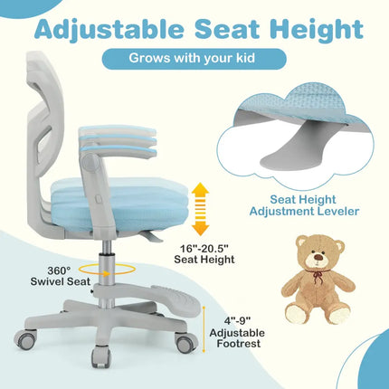 Kids Desk Chair Children Study Chair with Adjustable Height Armrest and Footrest-Blue - Blue - Kids Chairs & Seating