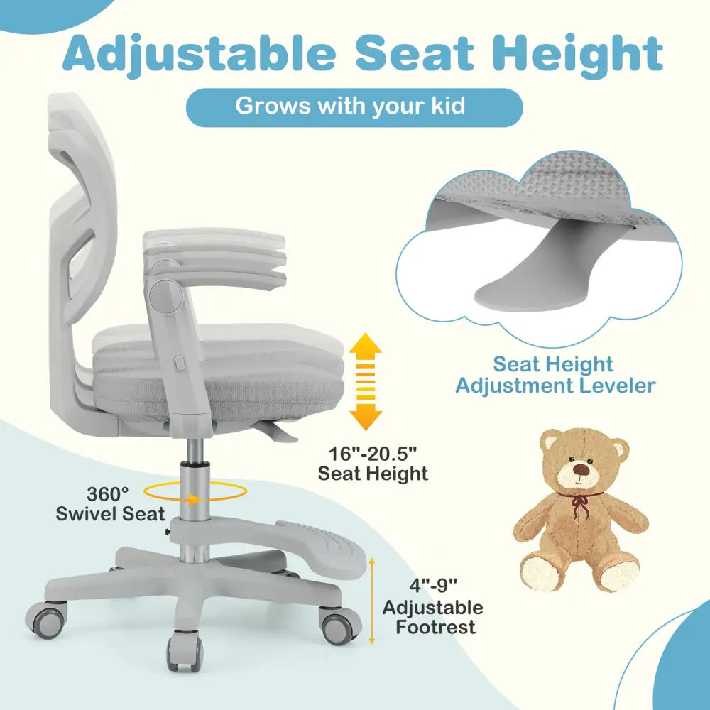 Kids Desk Chair Children Study Chair with Adjustable Height Armrest and Footrest-Grey - Gray - Kids Chairs & Seating
