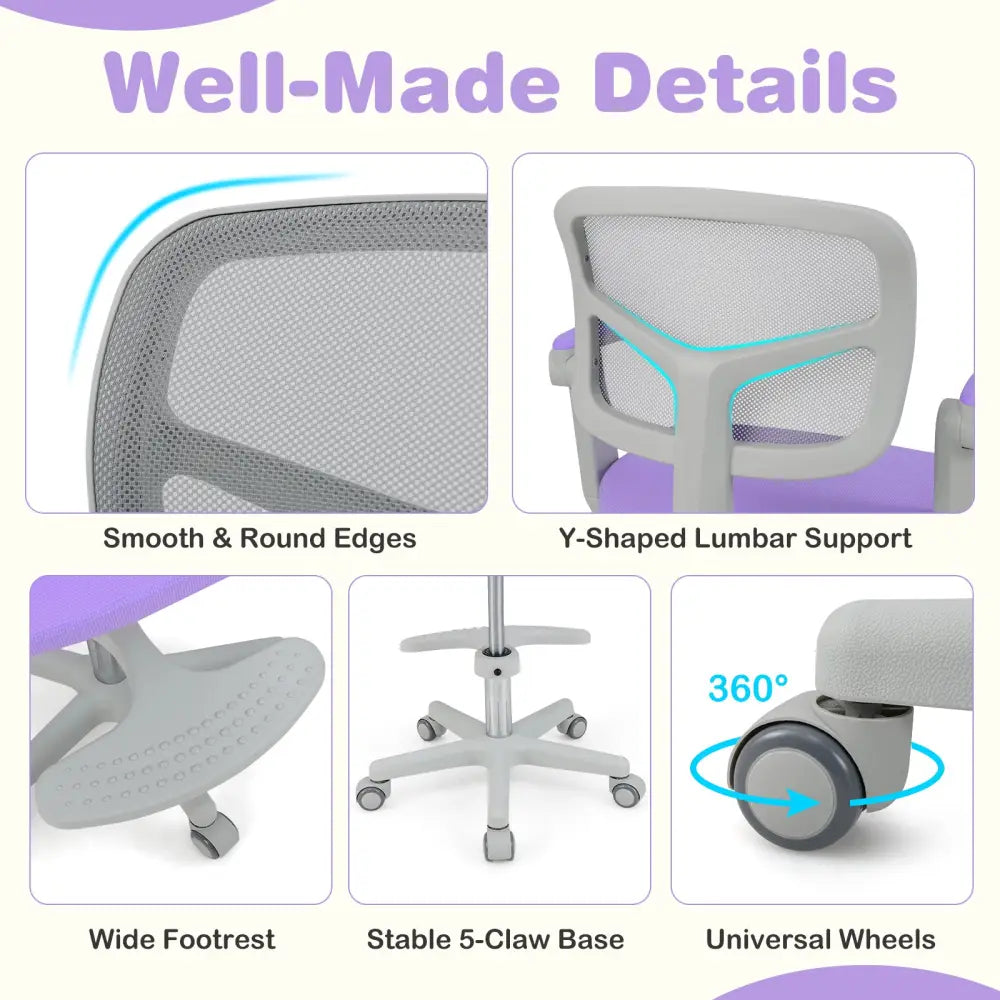 Kids Desk Chair Children Study Chair with Adjustable Height Armrest and Footrest-Purple - Purple - Kids Chairs & Seating