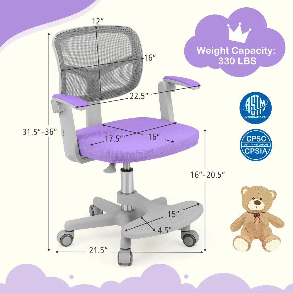 Kids Desk Chair Children Study Chair with Adjustable Height Armrest and Footrest-Purple - Purple - Kids Chairs & Seating