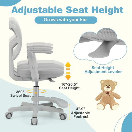 Kids Desk Chair Children Study Chair with Adjustable Height Armrest and Footrest-Grey - Gray - Kids Chairs & Seating