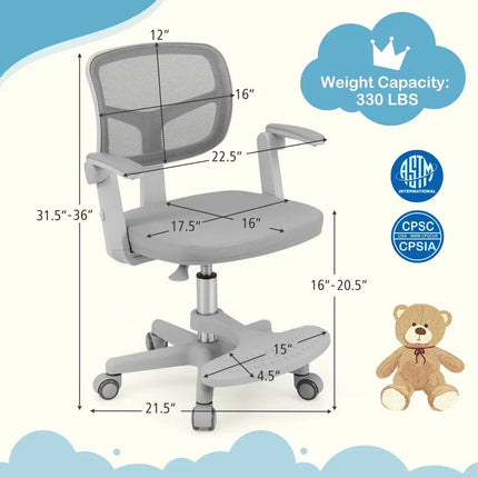 Kids Desk Chair Children Study Chair with Adjustable Height Armrest and Footrest-Grey - Gray - Kids Chairs & Seating