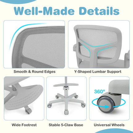 Kids Desk Chair Children Study Chair with Adjustable Height Armrest and Footrest-Grey - Gray - Kids Chairs & Seating