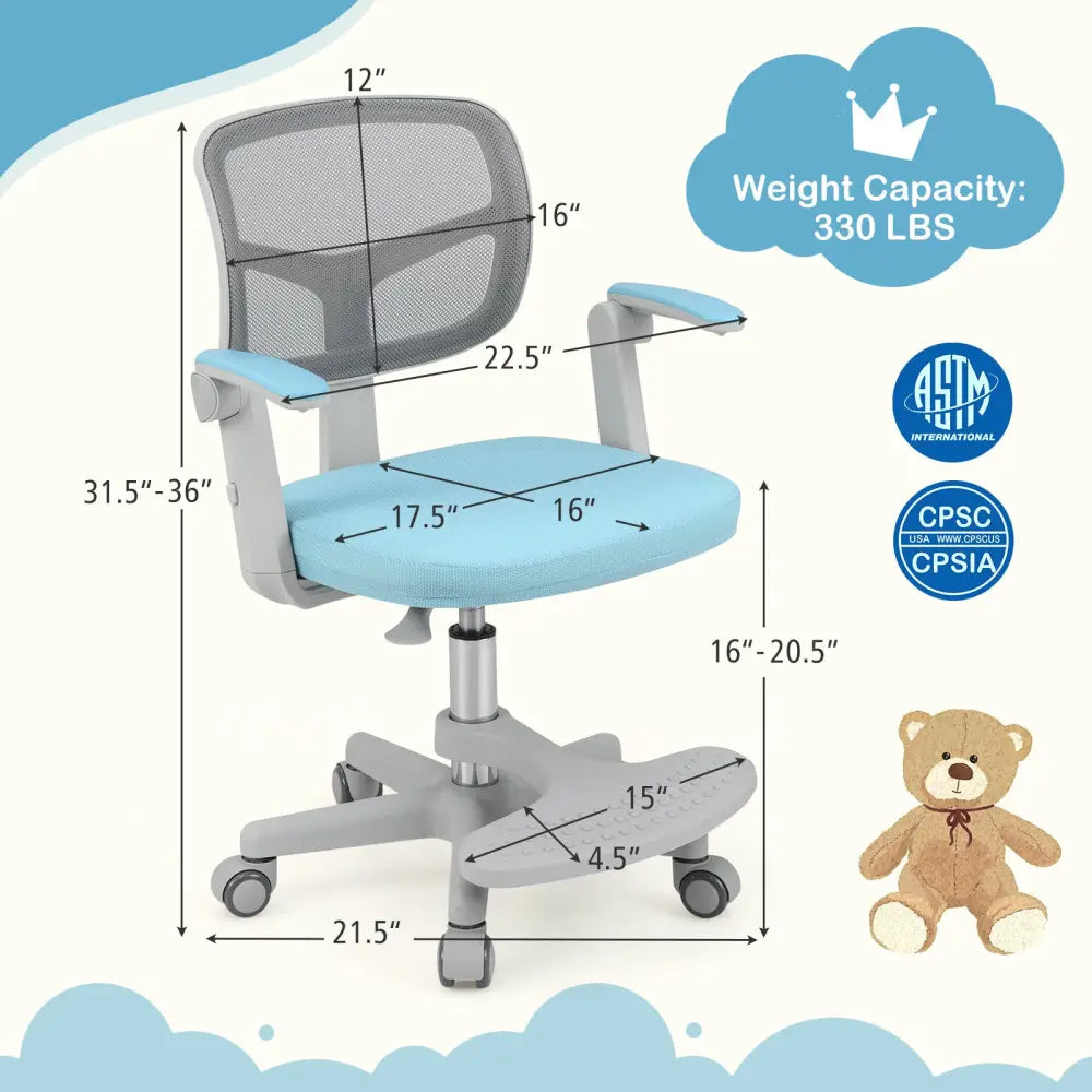 Kids Desk Chair Children Study Chair with Adjustable Height Armrest and Footrest-Blue - Blue - Kids Chairs & Seating
