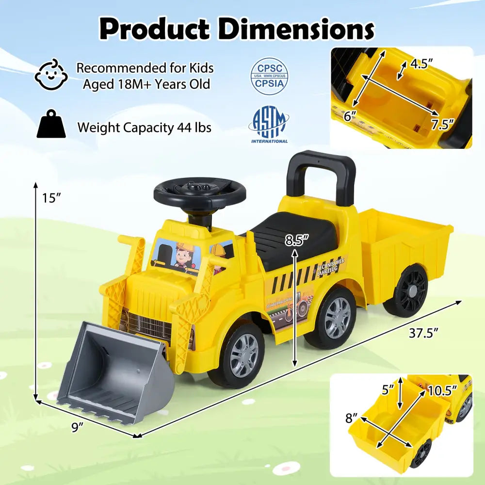 Kids Digger Ride on Truck with Shovel and Under-Seat Compartment - Push & Pedal Ride On Toys