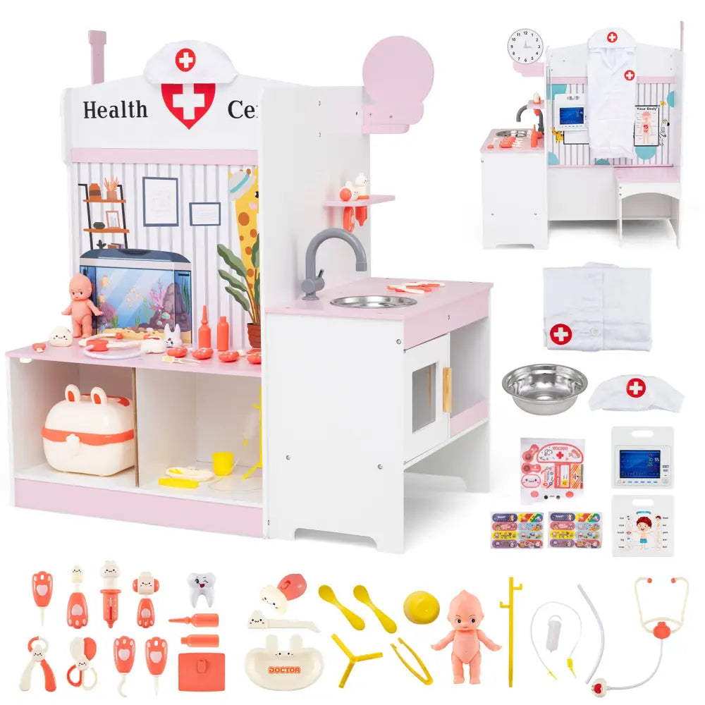 Kids Doctor Play Set with Adjustable Height Bar-Pink - Pink - Play Kitchen Sets