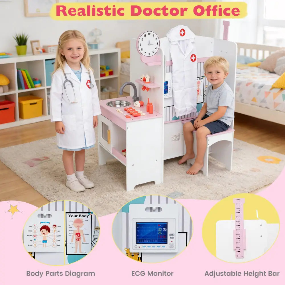 Kids Doctor Play Set with Adjustable Height Bar-Pink - Pink - Play Kitchen Sets