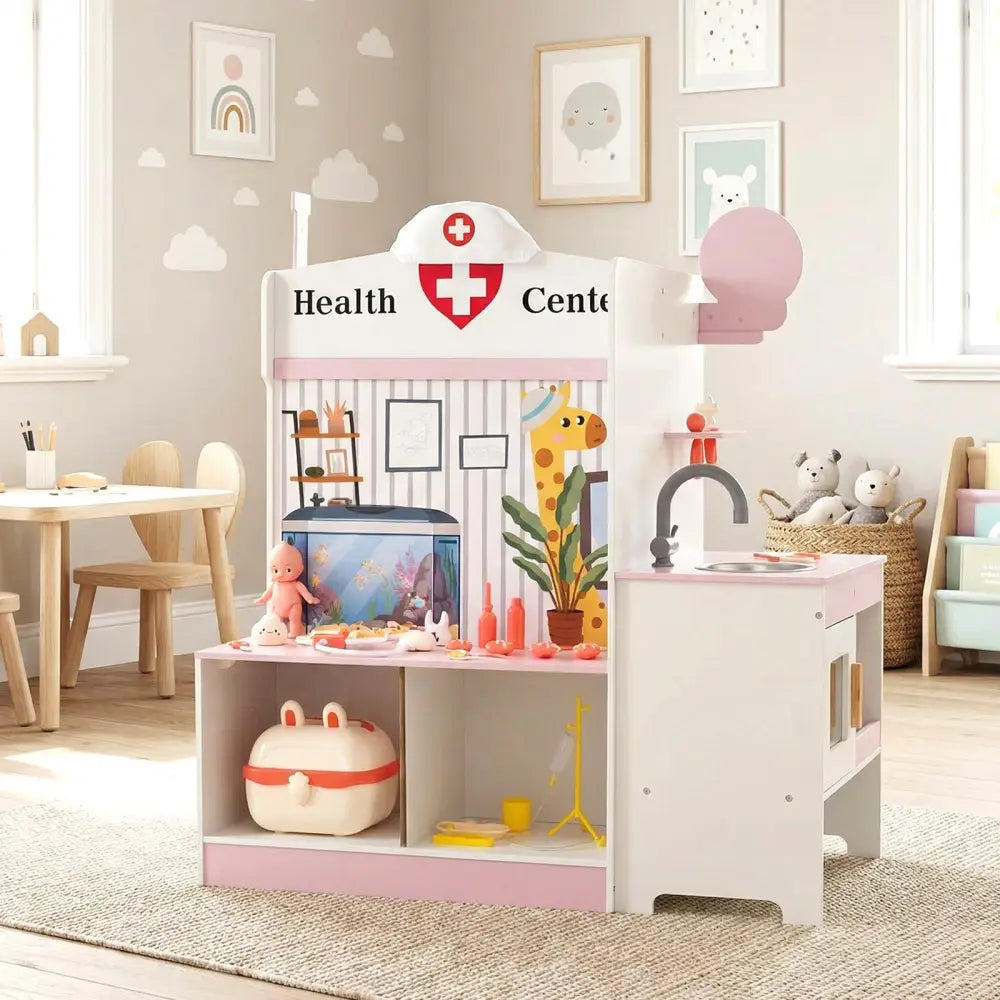 Kids Doctor Play Set with Adjustable Height Bar-Pink - Pink - Play Kitchen Sets