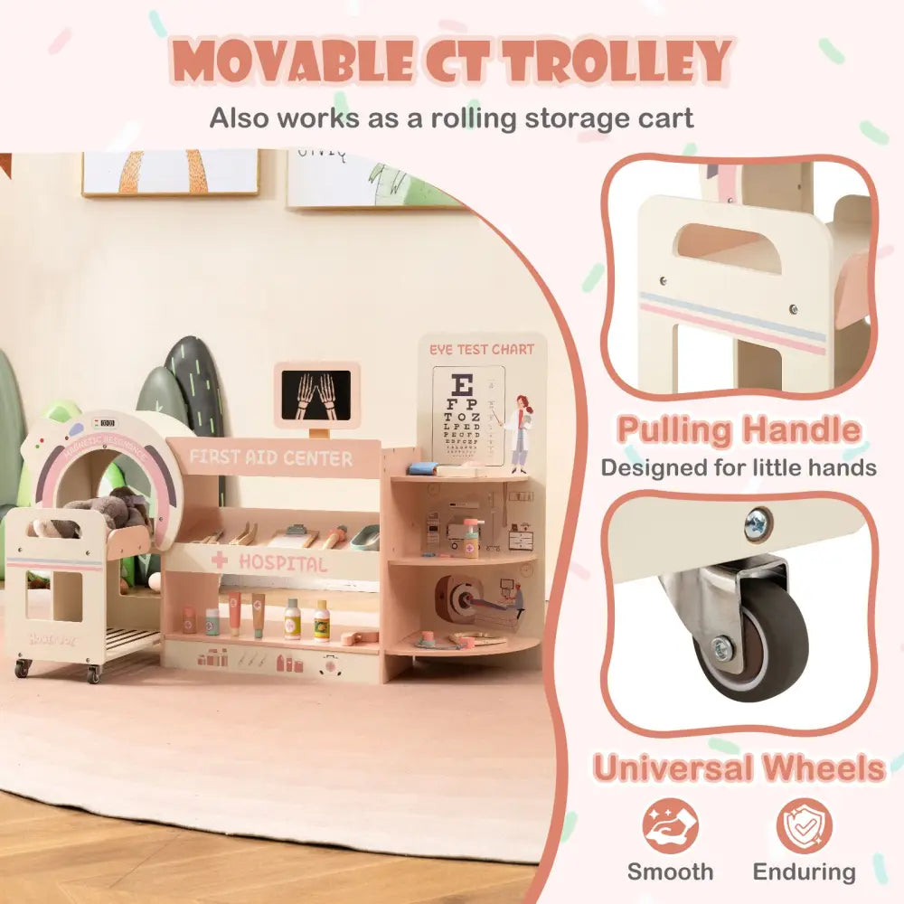 Kids Doctor Play Set Wooden Pretend Hospital Office Kit with Eye Chart Toy CT Machine-Pink - Pink - Play Kitchen Sets