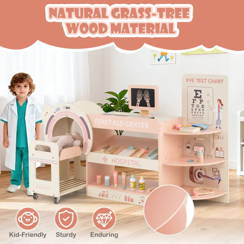 Kids Doctor Play Set Wooden Pretend Hospital Office Kit with Eye Chart Toy CT Machine-Pink - Pink - Play Kitchen Sets