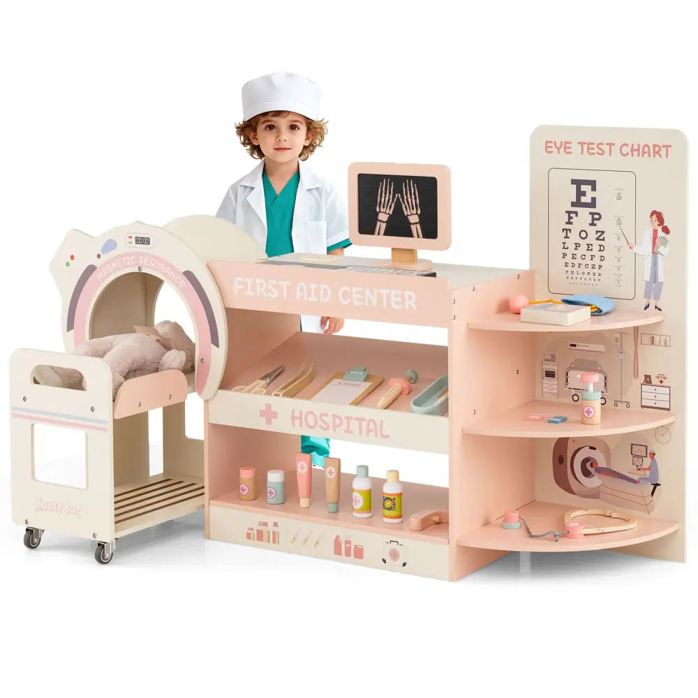 Kids Doctor Play Set Wooden Pretend Hospital Office Kit with Eye Chart Toy CT Machine-Pink - Pink - Play Kitchen Sets