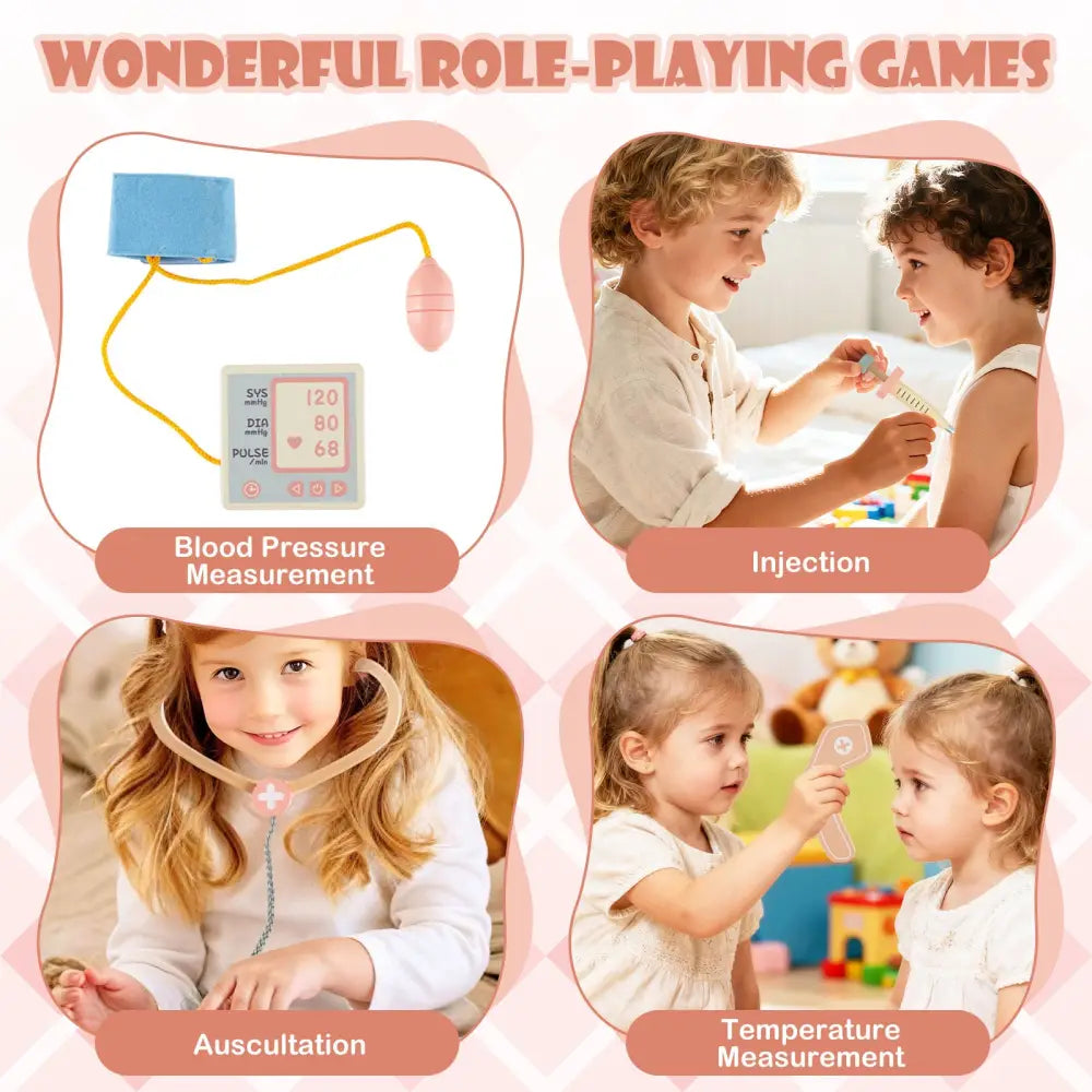 Kids Doctor Play Set Wooden Pretend Hospital Office Kit with Eye Chart Toy CT Machine-Pink - Pink - Play Kitchen Sets
