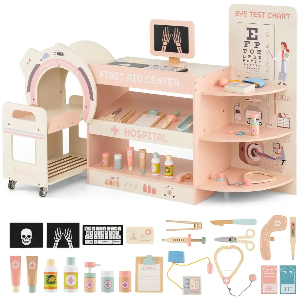 Kids Doctor Play Set Wooden Pretend Hospital Office Kit with Eye Chart Toy CT Machine-Pink - Pink - Play Kitchen Sets