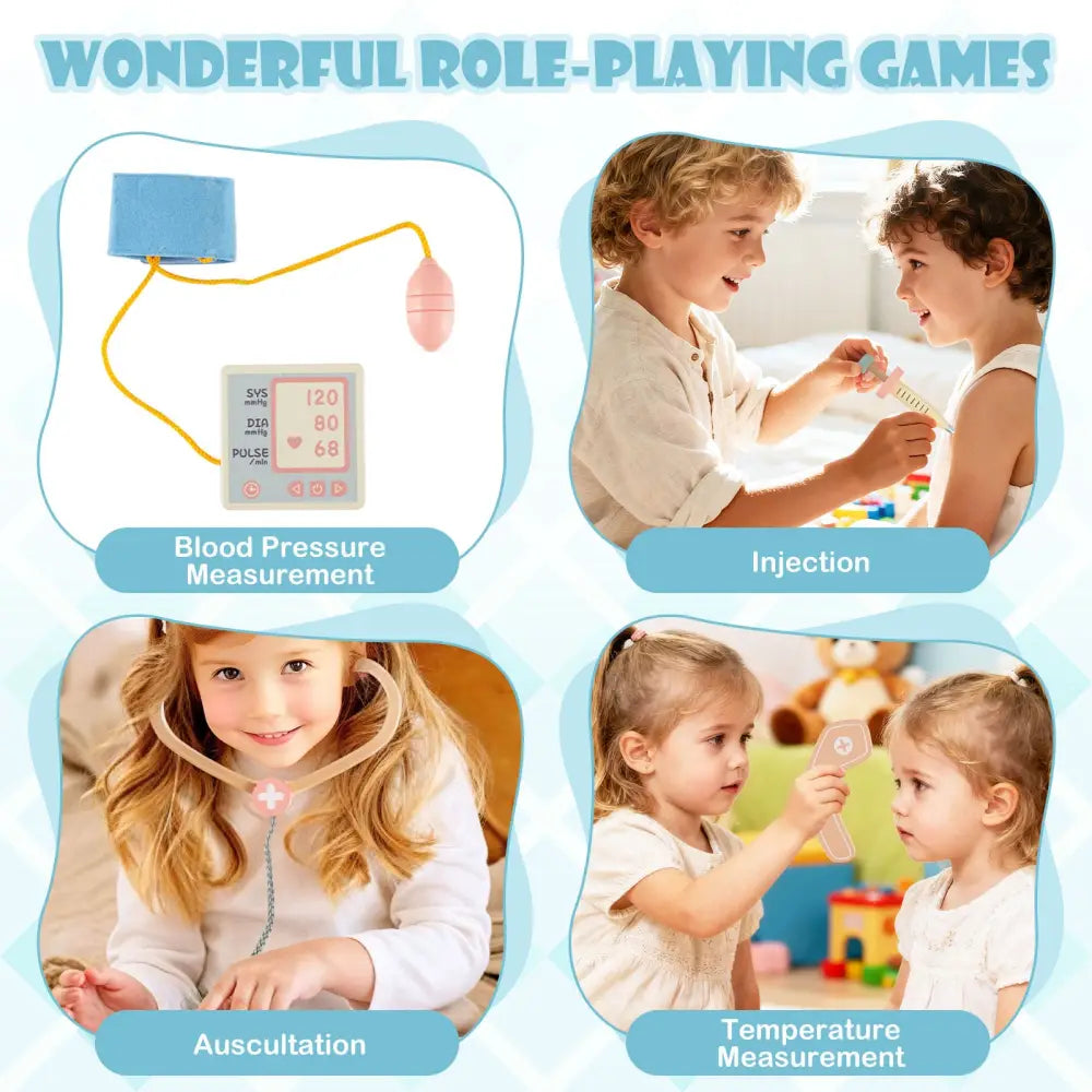 Kids Doctor Play Set Wooden Pretend Hospital Office Kit with Eye Chart Toy CT Machine-Blue - Blue - Play Kitchen Sets