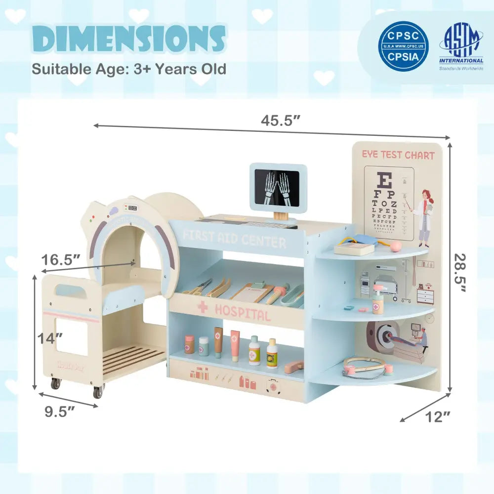 Kids Doctor Play Set Wooden Pretend Hospital Office Kit with Eye Chart Toy CT Machine-Blue - Blue - Play Kitchen Sets