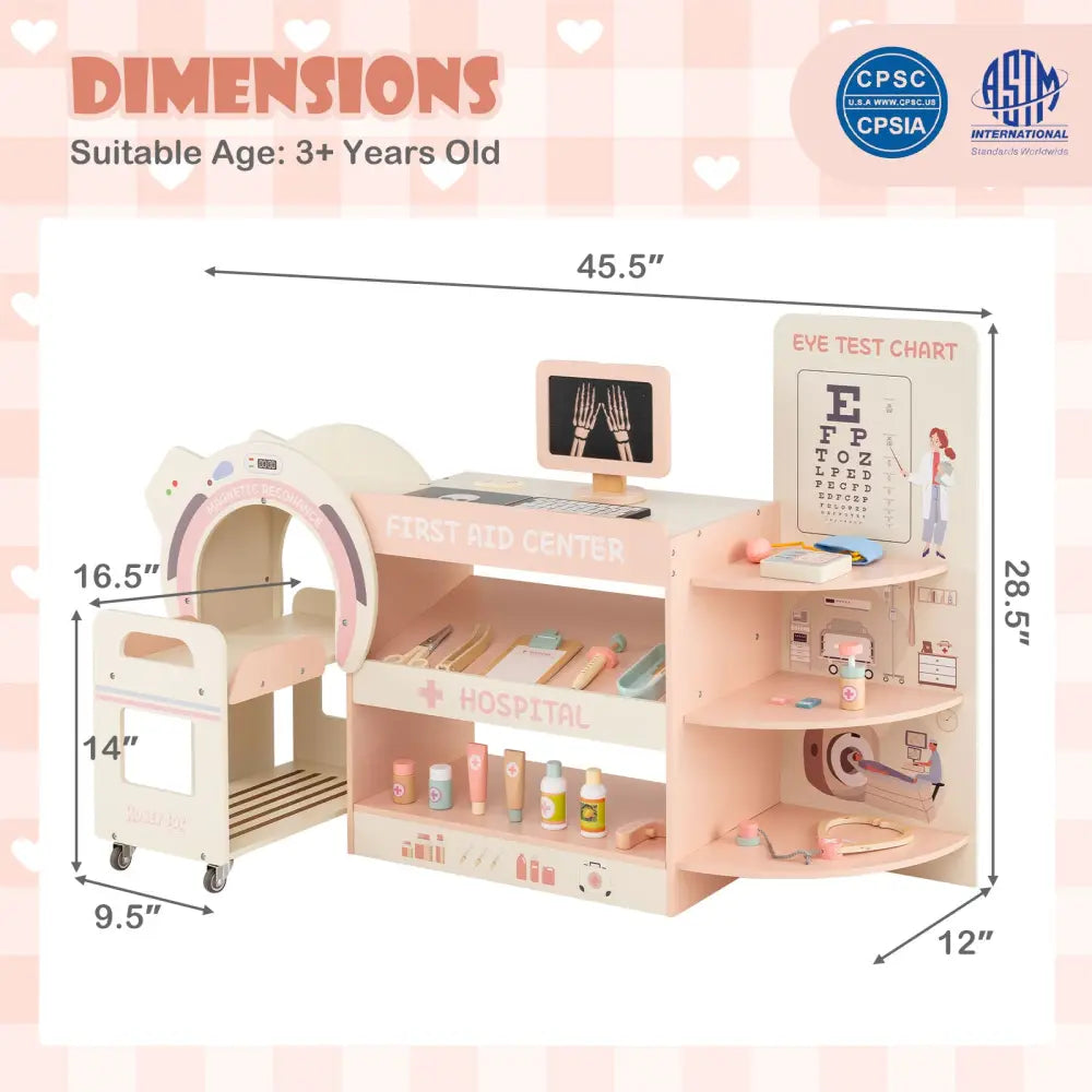 Kids Doctor Play Set Wooden Pretend Hospital Office Kit with Eye Chart Toy CT Machine-Pink - Pink - Play Kitchen Sets