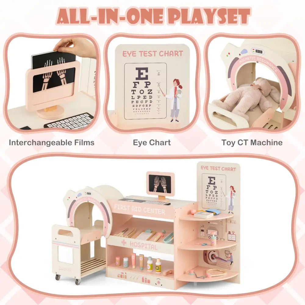 Kids Doctor Play Set Wooden Pretend Hospital Office Kit with Eye Chart Toy CT Machine-Pink - Pink - Play Kitchen Sets