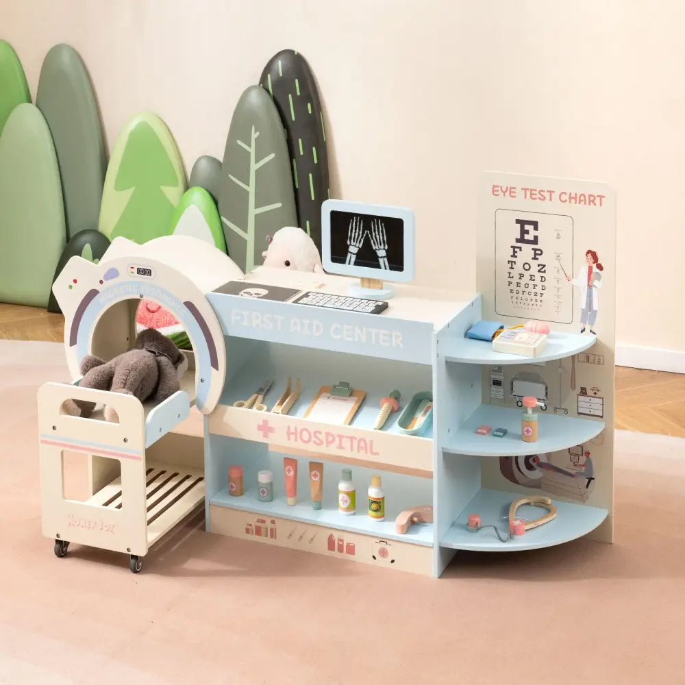 Kids Doctor Play Set Wooden Pretend Hospital Office Kit with Eye Chart Toy CT Machine-Blue - Blue - Play Kitchen Sets