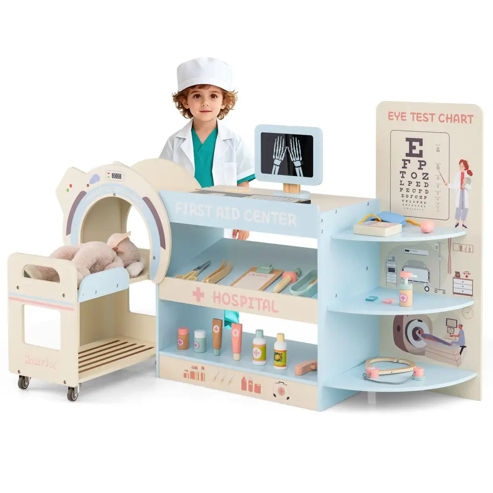 Kids Doctor Play Set Wooden Pretend Hospital Office Kit with Eye Chart Toy CT Machine-Blue - Blue - Play Kitchen Sets