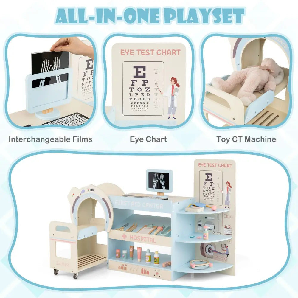 Kids Doctor Play Set Wooden Pretend Hospital Office Kit with Eye Chart Toy CT Machine-Blue - Blue - Play Kitchen Sets