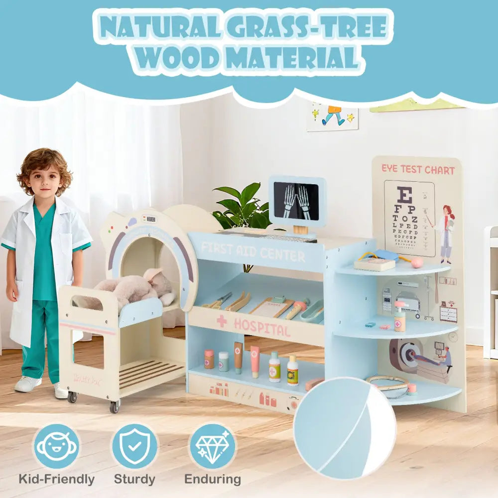 Kids Doctor Play Set Wooden Pretend Hospital Office Kit with Eye Chart Toy CT Machine-Blue - Blue - Play Kitchen Sets