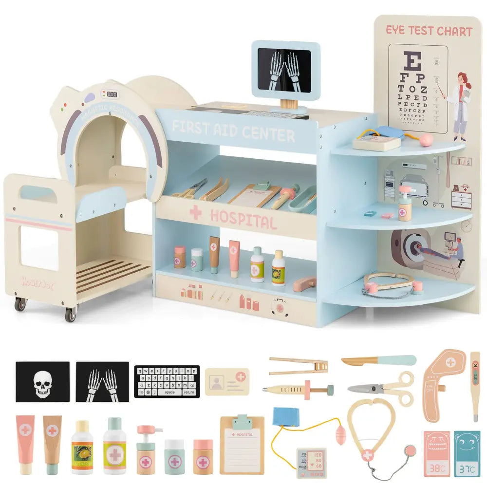 Kids Doctor Play Set Wooden Pretend Hospital Office Kit with Eye Chart Toy CT Machine-Blue - Blue - Play Kitchen Sets