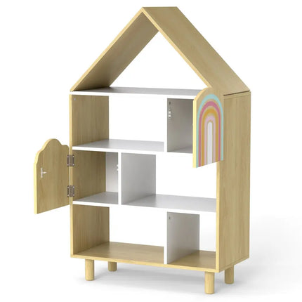 Kids Dollhouse Bookshelf House-shaped Bookcase Children Toy Storage Organizer-Natural - Natural - Kids Storage