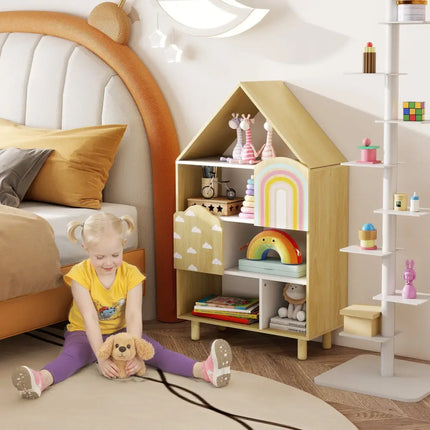 Kids Dollhouse Bookshelf House-shaped Bookcase Children Toy Storage Organizer-Natural - Natural - Kids Storage