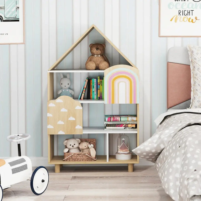 Kids Dollhouse Bookshelf House-shaped Bookcase Children Toy Storage Organizer-Natural - Natural - Kids Storage