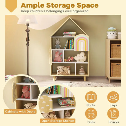 Kids Dollhouse Bookshelf House-shaped Bookcase Children Toy Storage Organizer-Natural - Natural - Kids Storage
