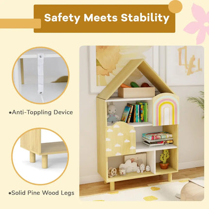 Kids Dollhouse Bookshelf House-shaped Bookcase Children Toy Storage Organizer-Natural - Natural - Kids Storage