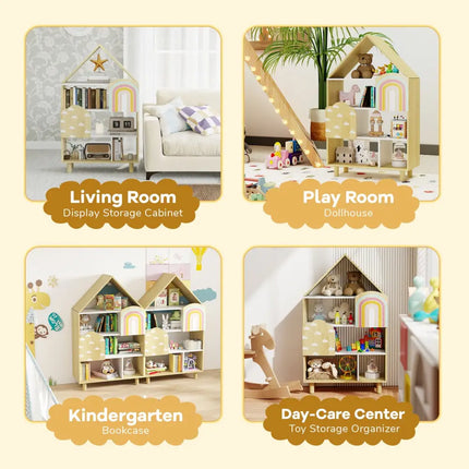 Kids Dollhouse Bookshelf House-shaped Bookcase Children Toy Storage Organizer-Natural - Natural - Kids Storage