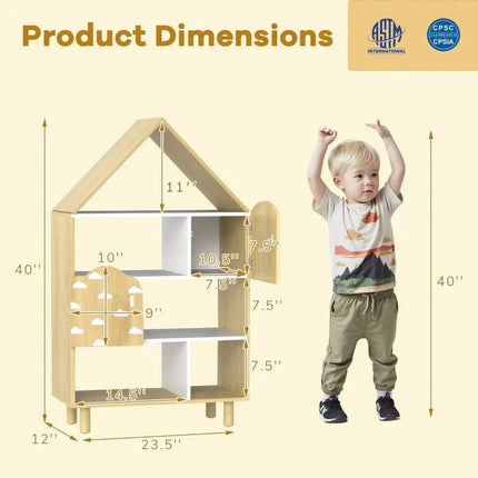 Kids Dollhouse Bookshelf House-shaped Bookcase Children Toy Storage Organizer-Natural - Natural - Kids Storage