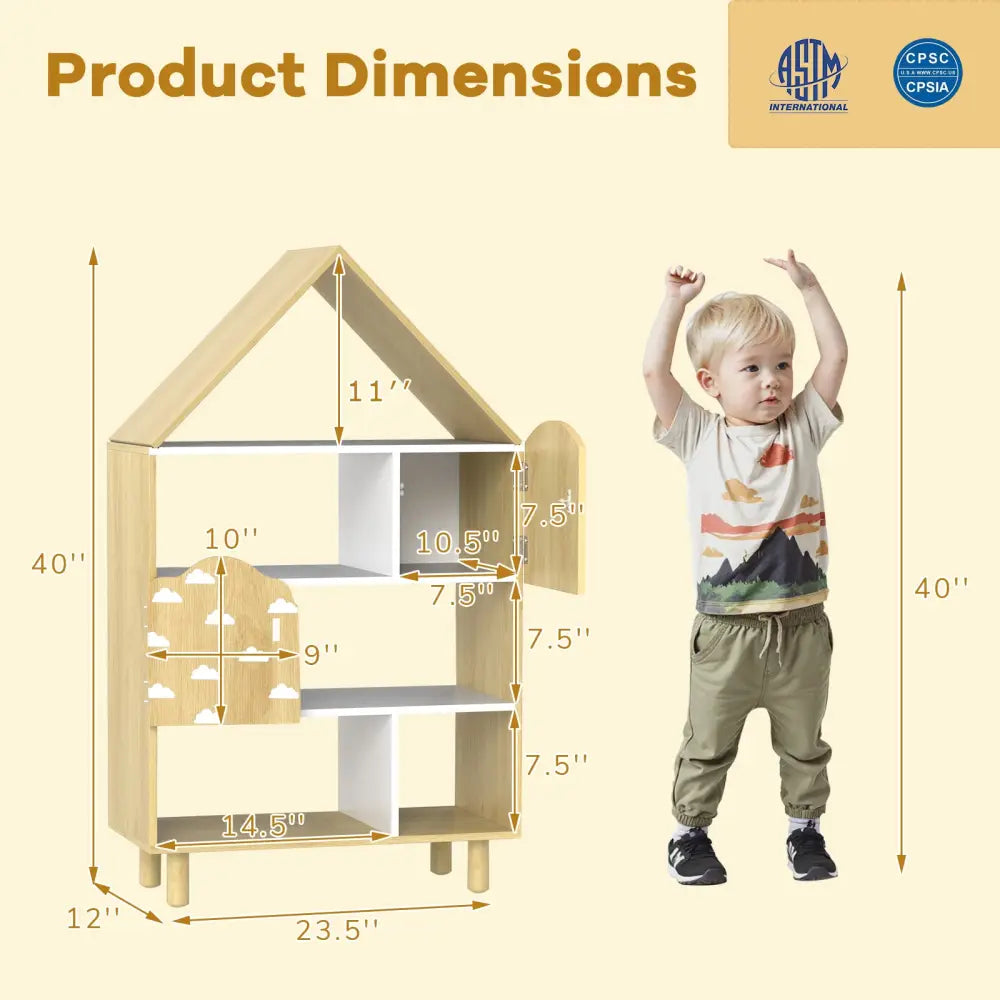 Kids Dollhouse Bookshelf House-shaped Bookcase Children Toy Storage Organizer-Natural - Natural - Kids Storage