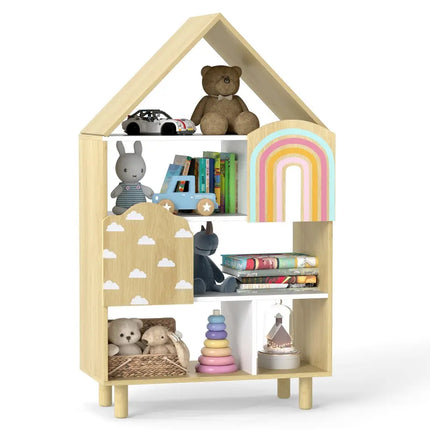 Kids Dollhouse Bookshelf House-shaped Bookcase Children Toy Storage Organizer-Natural - Natural - Kids Storage