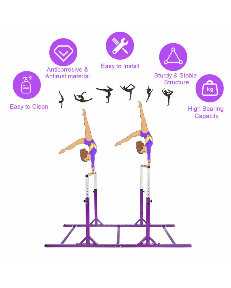 Kids Double Horizontal Bars Gymnastic Training Parallel Bars Adjustable-Purple - Purple - Toy Sports