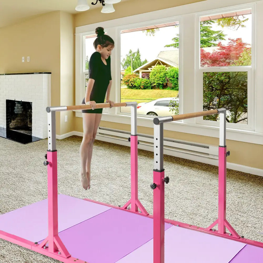 Kids Double Horizontal Bars Gymnastic Training Parallel Bars Adjustable-Pink - Pink - Toy Sports