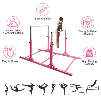 Kids Double Horizontal Bars Gymnastic Training Parallel Bars Adjustable-Pink - Pink - Toy Sports