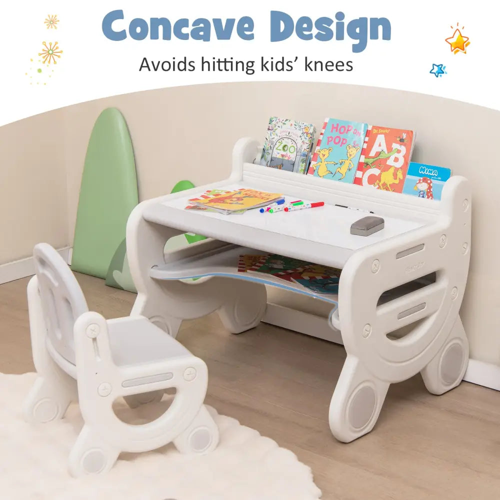 Kids Drawing Table and Chair Set with Watercolor Pens and Blackboard Eraser-Gray - Gray - Kids Table & Chair Sets