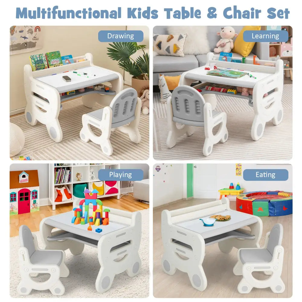Kids Drawing Table and Chair Set with Watercolor Pens and Blackboard Eraser-Gray - Gray - Kids Table & Chair Sets