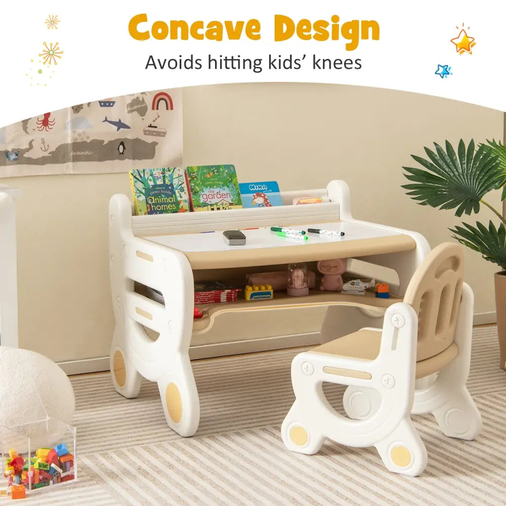 Kids Drawing Table and Chair Set with Watercolor Pens and Blackboard Eraser-Brown - Brown - Kids Table & Chair Sets