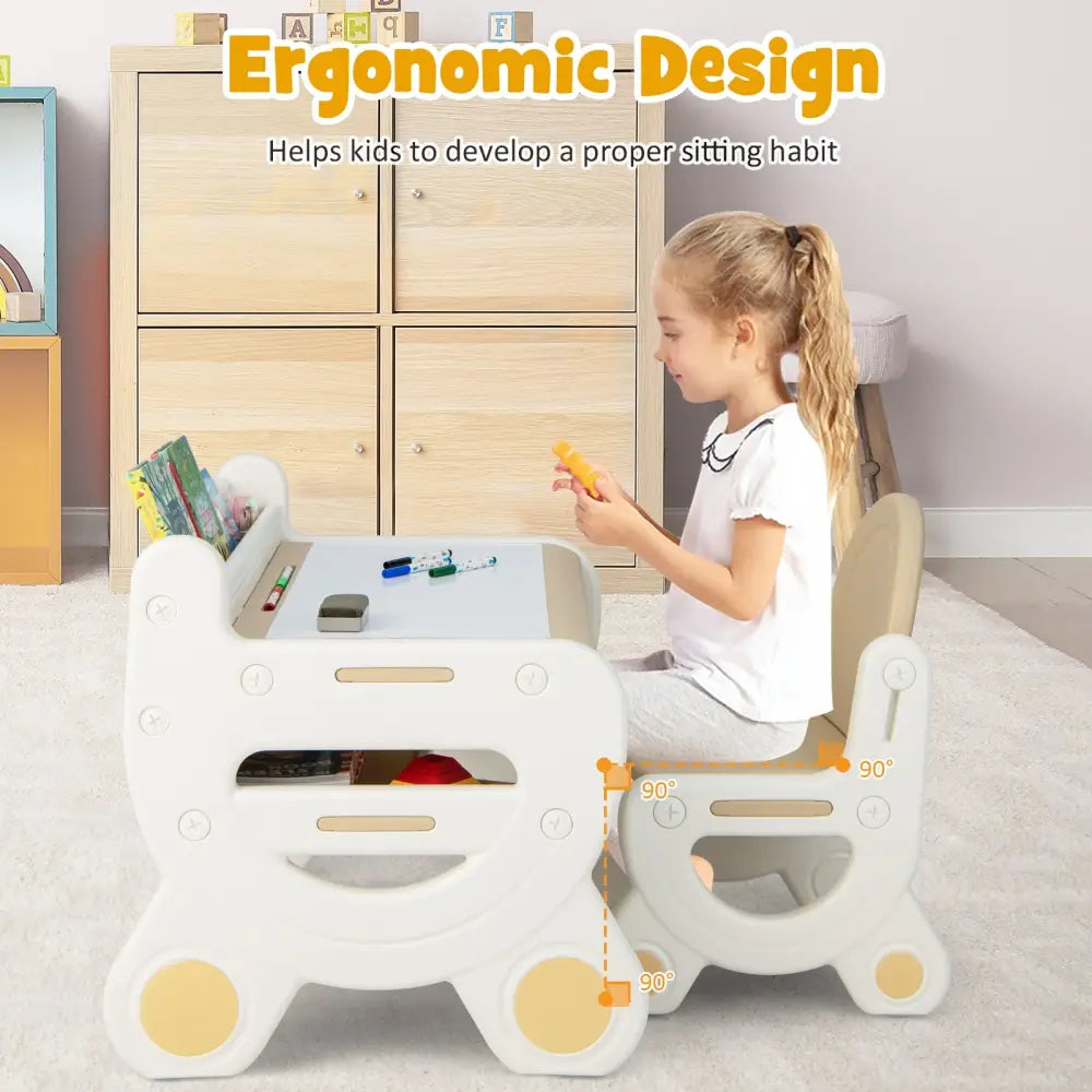 Kids Drawing Table and Chair Set with Watercolor Pens and Blackboard Eraser-Brown - Brown - Kids Table & Chair Sets
