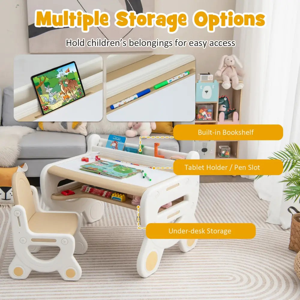 Kids Drawing Table and Chair Set with Watercolor Pens and Blackboard Eraser-Brown - Brown - Kids Table & Chair Sets