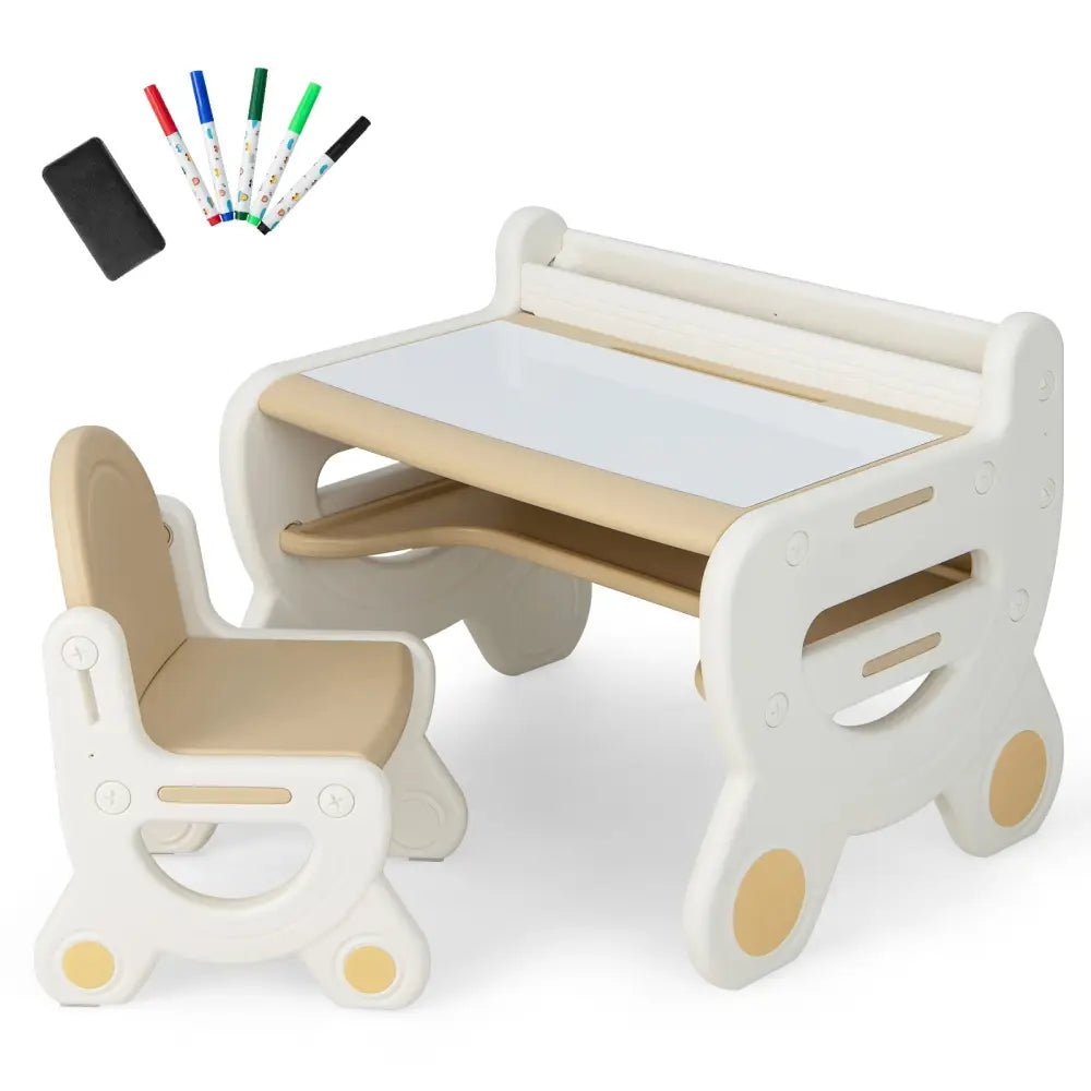 Kids Drawing Table and Chair Set with Watercolor Pens and Blackboard Eraser-Brown - Brown - Kids Table & Chair Sets
