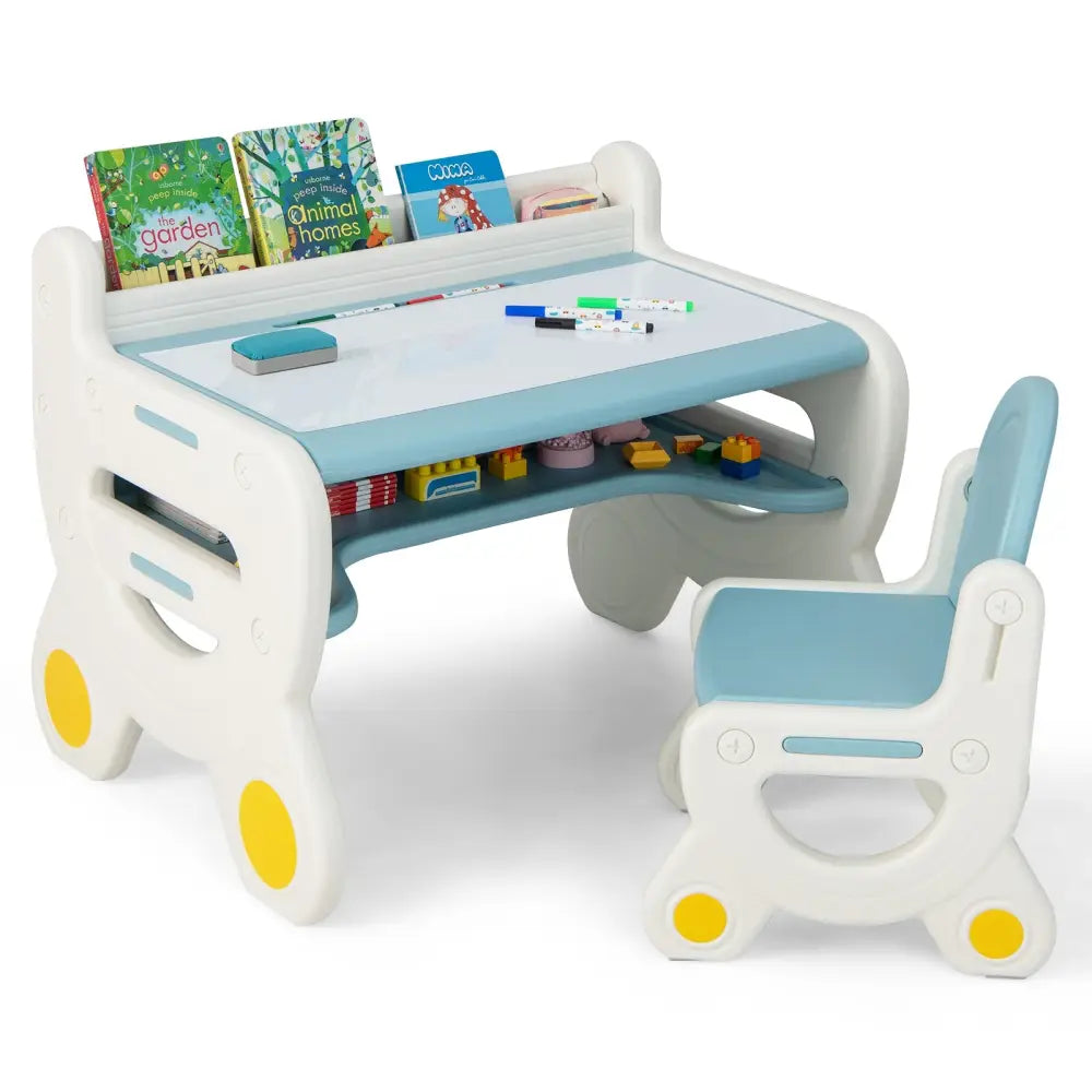 Kids Drawing Table and Chair Set with Watercolor Pens and Blackboard Eraser-Blue - Blue - Kids Table & Chair Sets