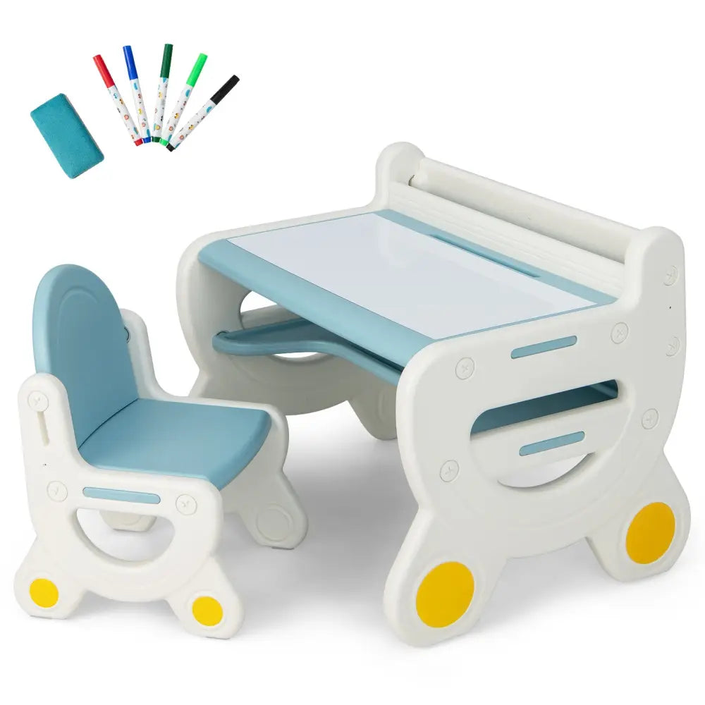 Kids Drawing Table and Chair Set with Watercolor Pens and Blackboard Eraser-Blue - Blue - Kids Table & Chair Sets