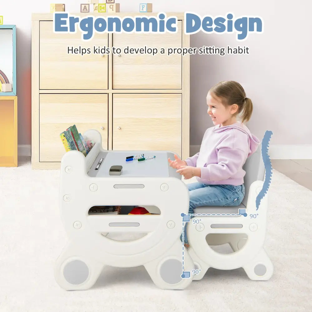 Kids Drawing Table and Chair Set with Watercolor Pens and Blackboard Eraser-Gray - Gray - Kids Table & Chair Sets