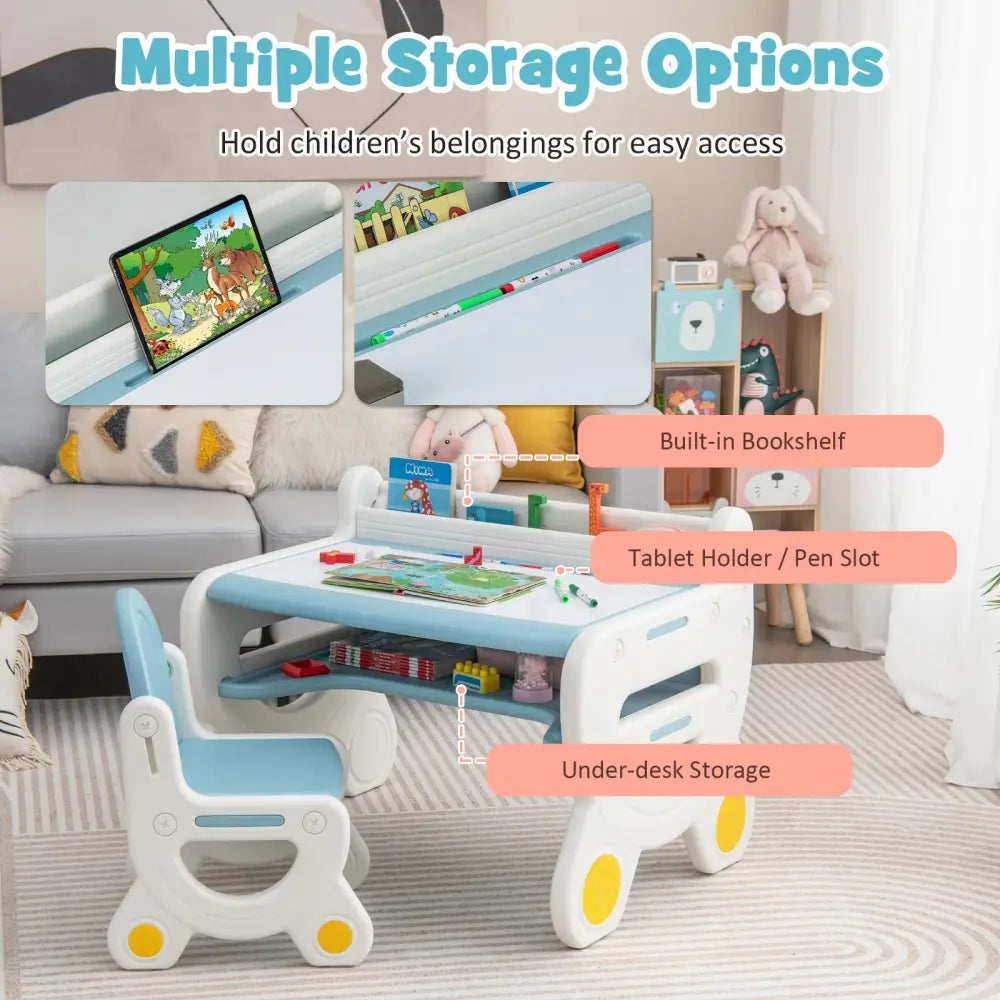 Kids Drawing Table and Chair Set with Watercolor Pens and Blackboard Eraser-Blue - Blue - Kids Table & Chair Sets