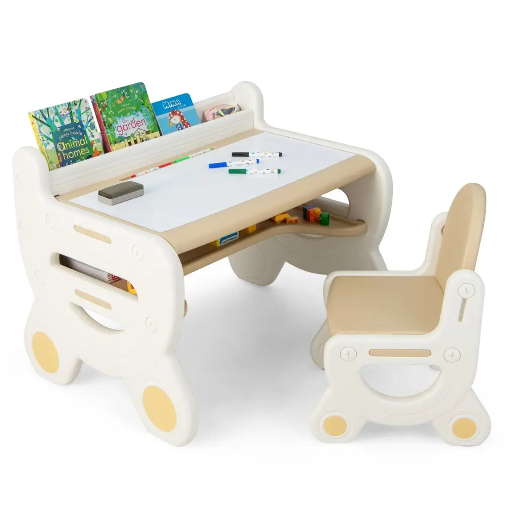 Kids Drawing Table and Chair Set with Watercolor Pens and Blackboard Eraser-Brown - Brown - Kids Table & Chair Sets
