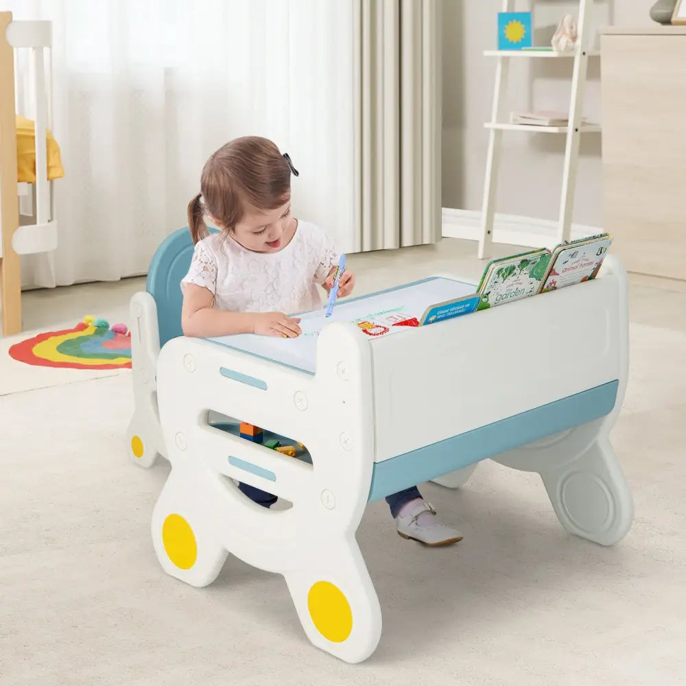 Kids Drawing Table and Chair Set with Watercolor Pens and Blackboard Eraser-Blue - Blue - Kids Table & Chair Sets